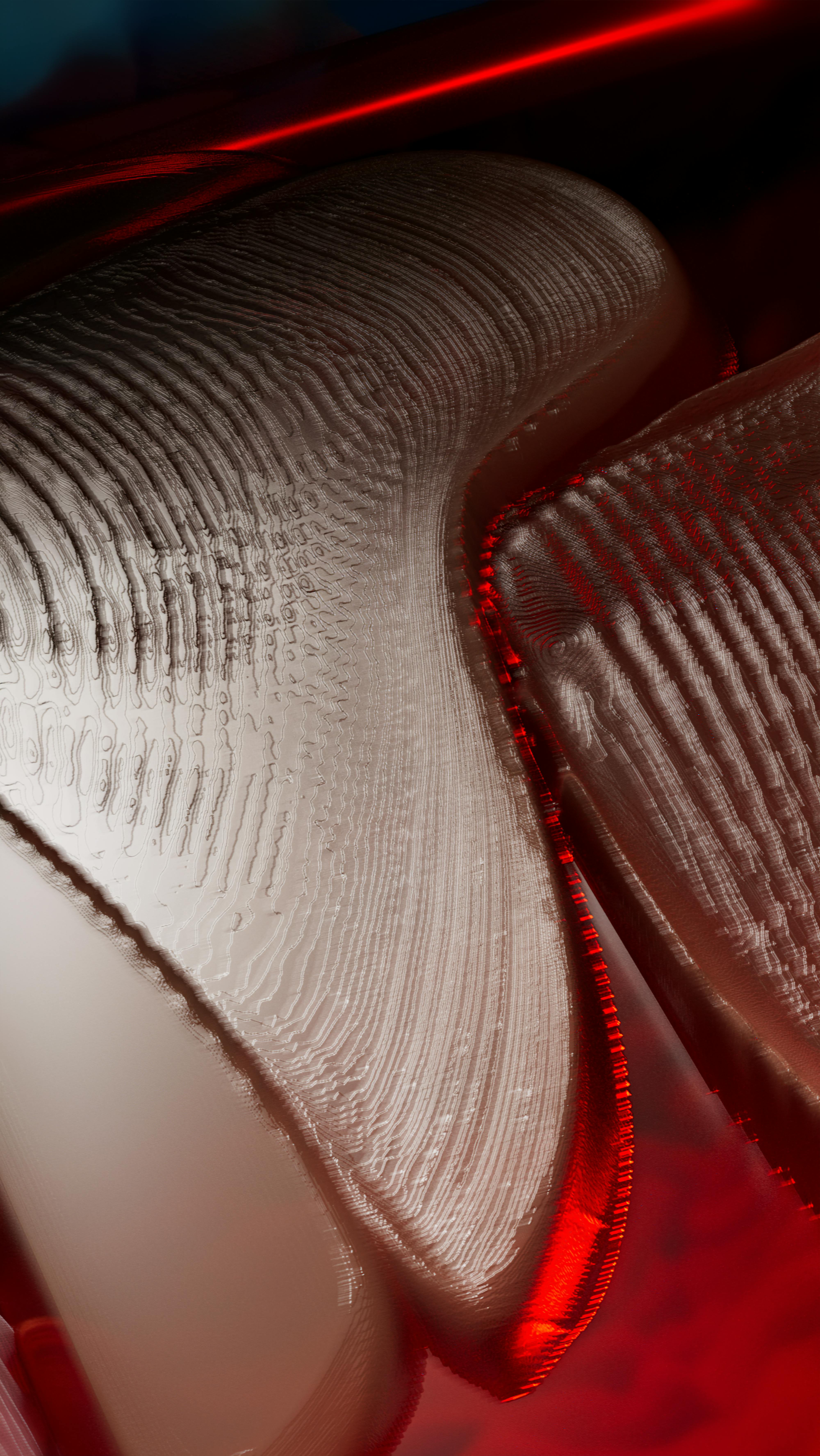 Abstract AI ethics artwork with textured forms and red light